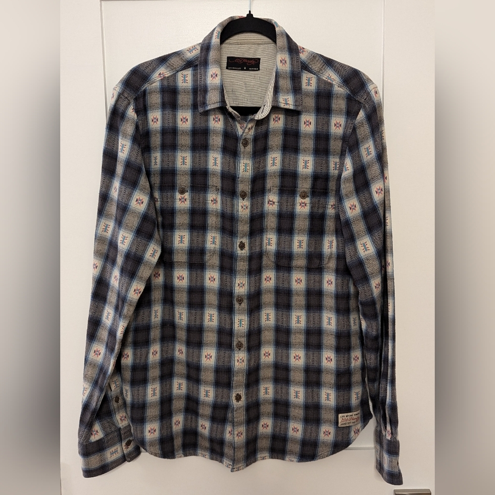 Ed Hardy Y2K Aztec Plaid Button Up Top